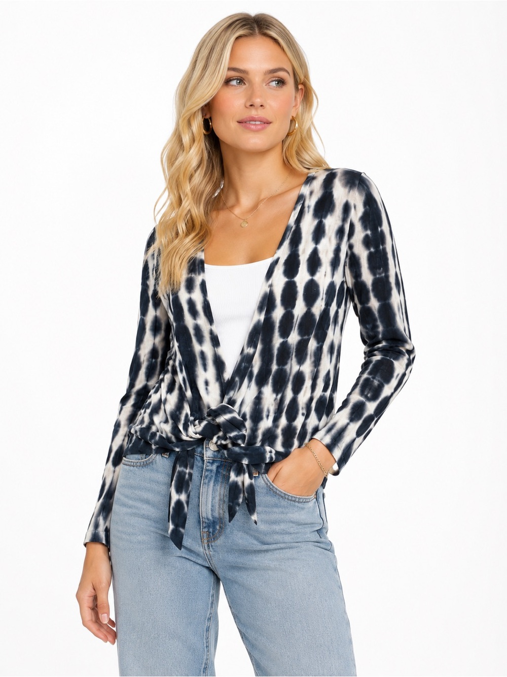 Simply Vera Vera Wang Tie Dye Wrap Cardigan Sweater XS Black White Boho